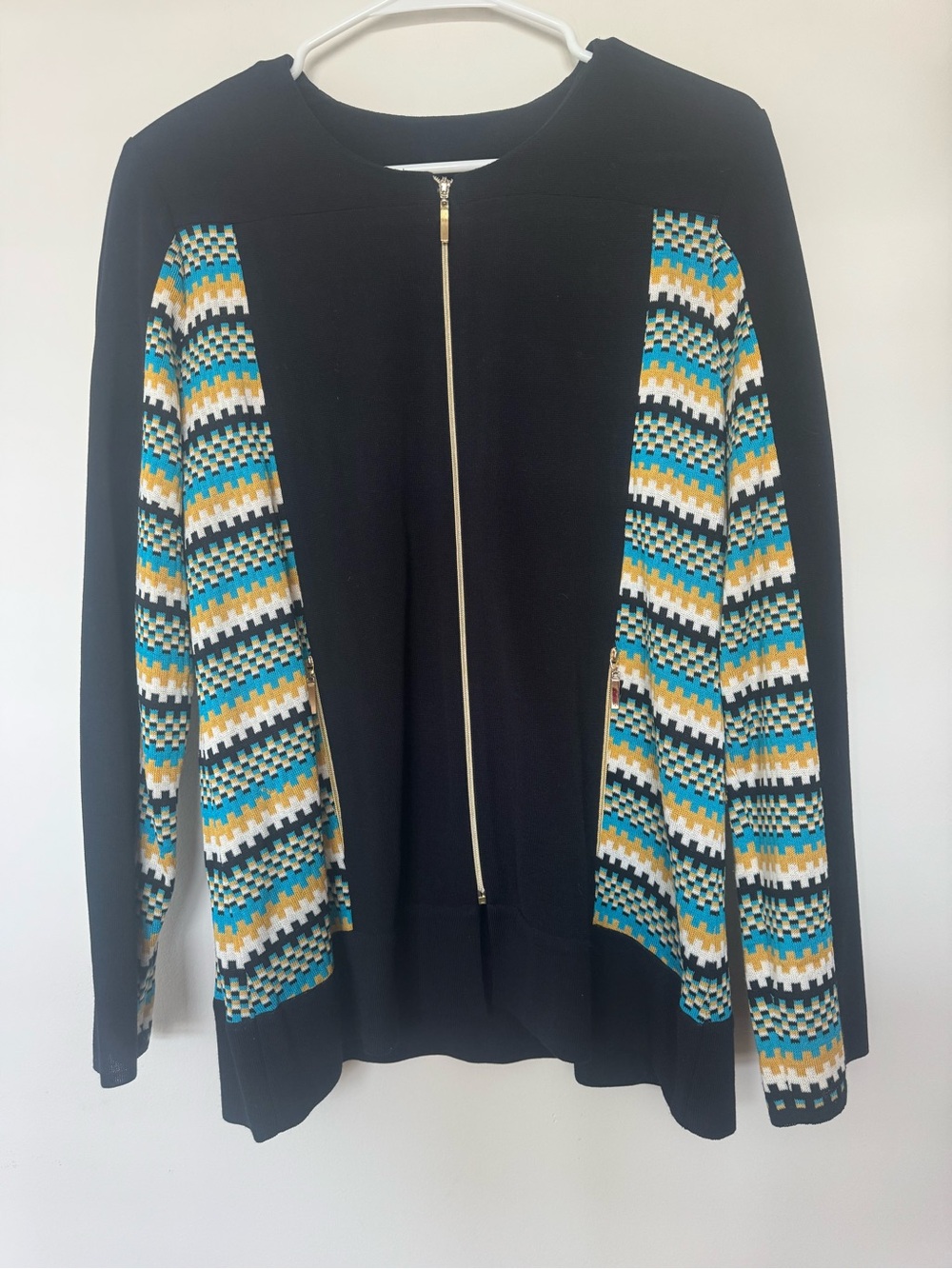 Exclusively Misook Black Full Zip Blue Yellow Stripes M